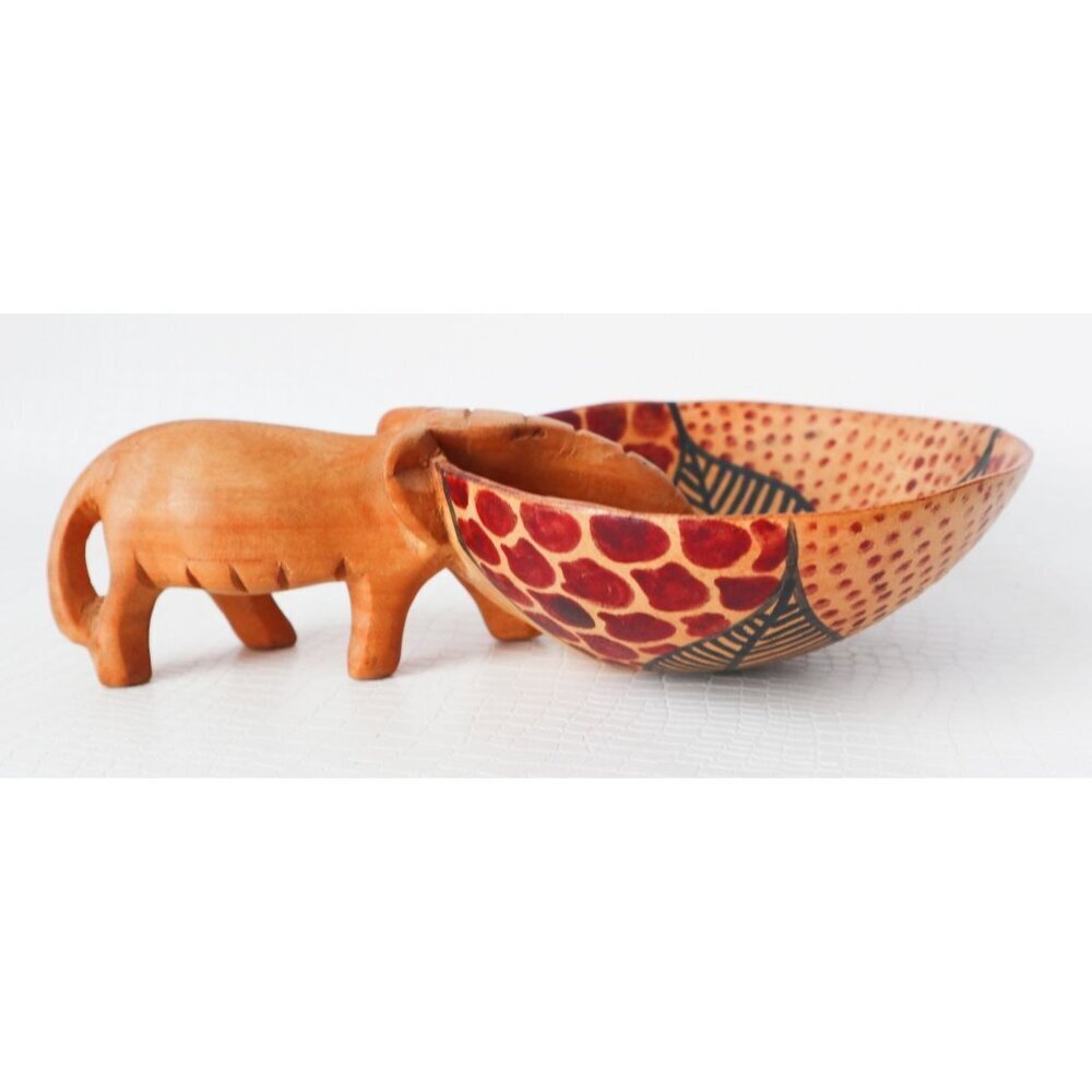 Vintage Elephant Drinking From Carved Wood Bowl African Carving Tribal Art